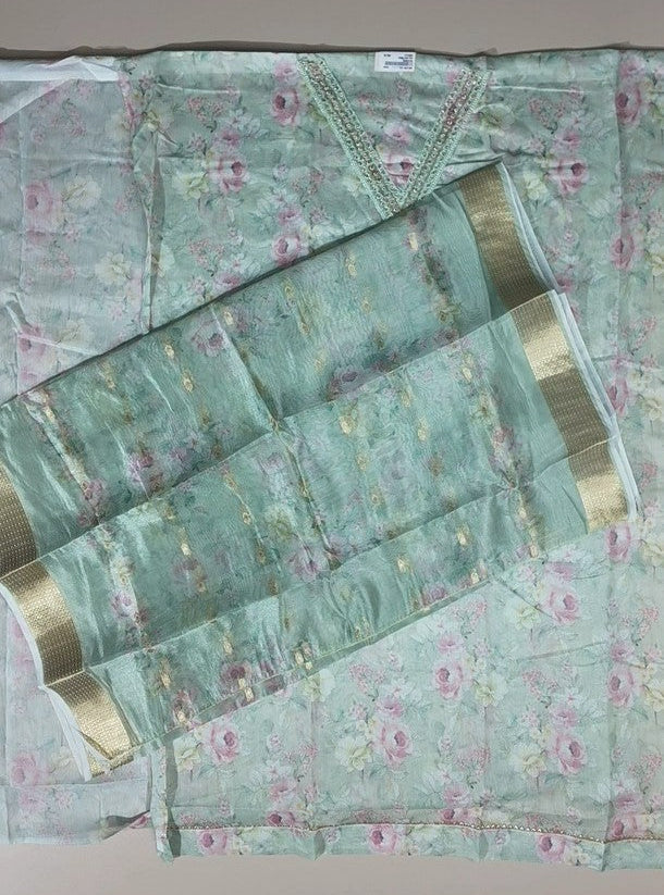Mint Floral Embroidered Kurta Set - Mint green - Picture 2
