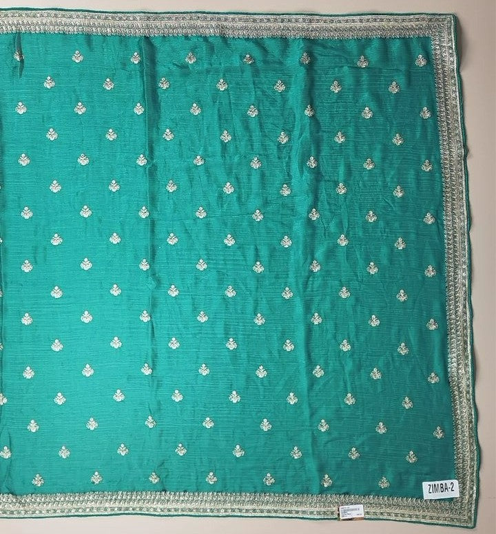Elegant Teal Zari Embroidered Saree - Teal - Picture 3