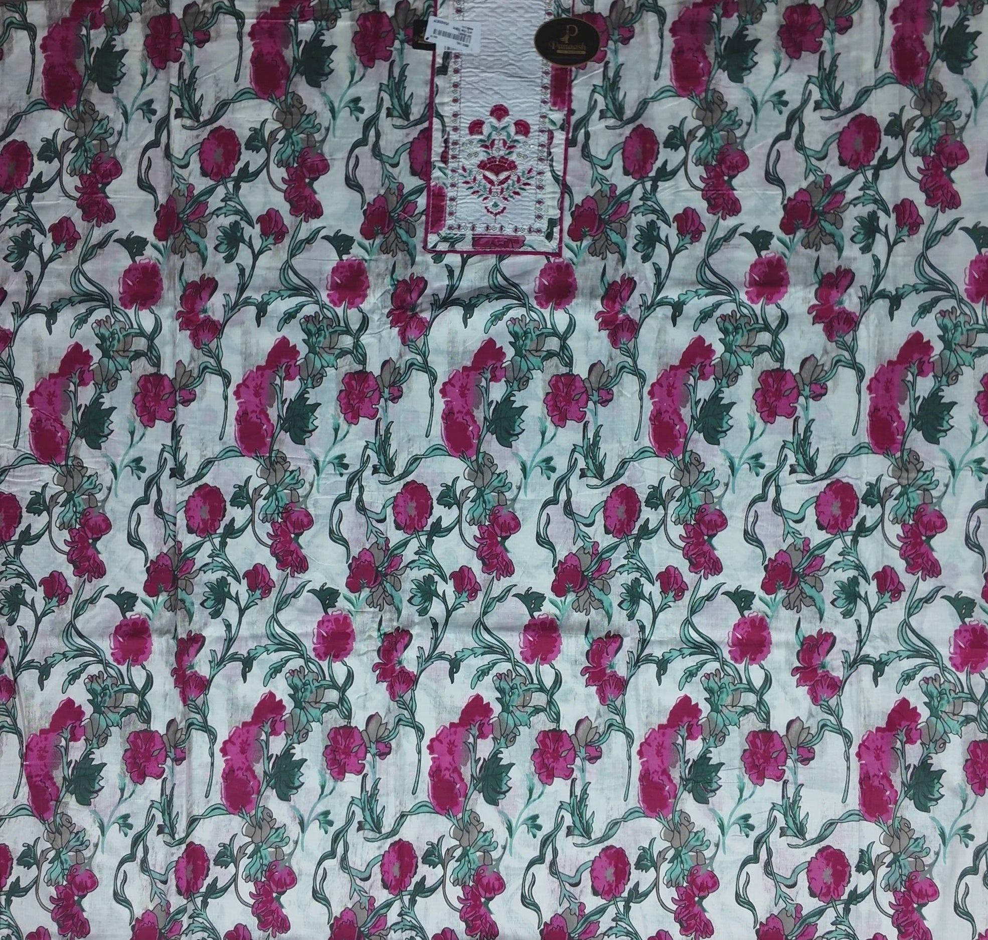 Elegant Pink Floral Printed Cotton Suit Set - White - Picture 3