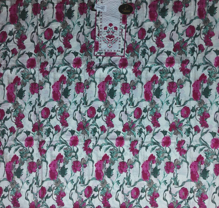 Elegant Pink Floral Printed Cotton Suit Set - White - Picture 3