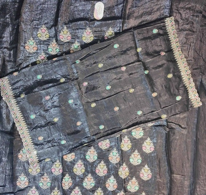 Elegant Black Silk Saree with Multicolor Embroidery - Black - Picture 5