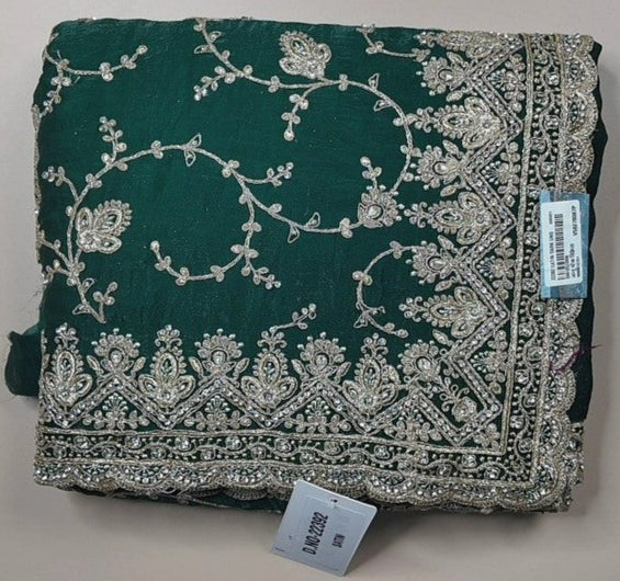 Emerald Green Embroidered Silk Saree - Dark green - Picture 1