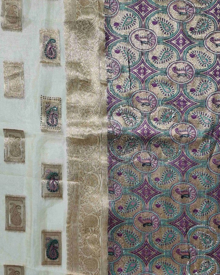 Elegant Gold & Purple Brocade Saree - Gold - Picture 2