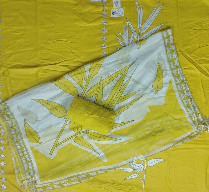 Sunny Yellow Leaf Print Cotton Suit Set - Yellow - Picture 4