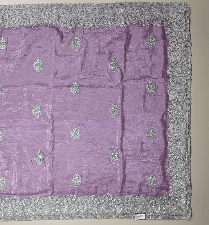 Lavender Elegance: Embroidered Silk Saree - Purple - Picture 3