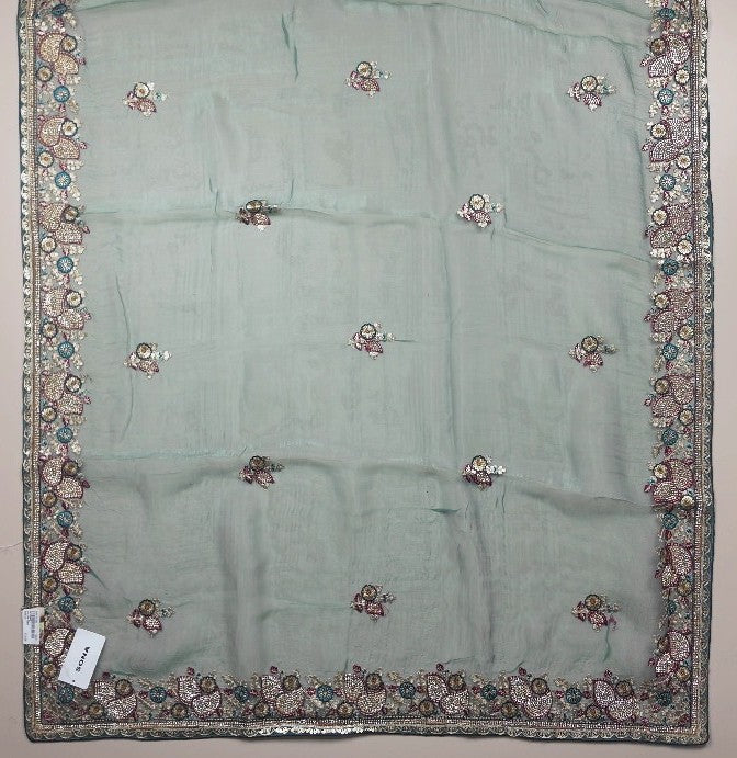 Teal Floral Embroidered Chiffon Saree - Teal - Picture 4
