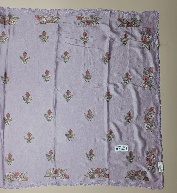 Lilac Embroidered Silk Shawl with Leaf Motifs - Lavender (1) - Picture 2