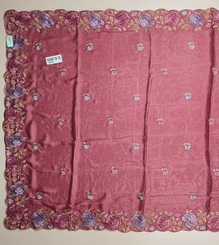 Elegant Pink Floral Embroidered Chiffon Saree - Dark red - Picture 3