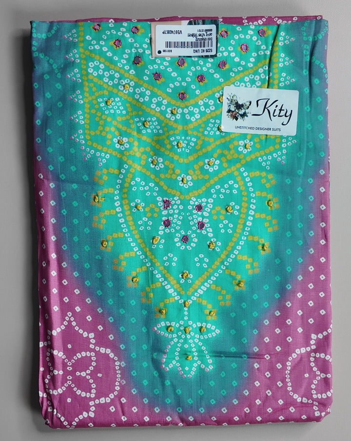 Vibrant Teal & Magenta Bandhani Unstitched Suit - Teal - Picture 1