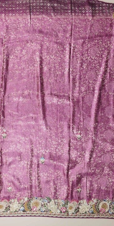 Elegant Purple Brocade Saree with Floral Embroidery - Purple - Picture 4