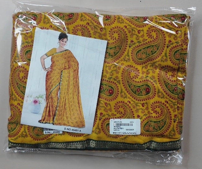 Vibrant Yellow Paisley Print Saree - White (5) - Picture 2