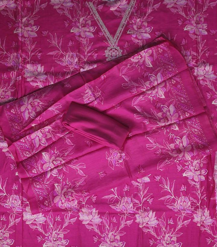 Vibrant Pink Floral Embroidered Suit - Magenta - Picture 6