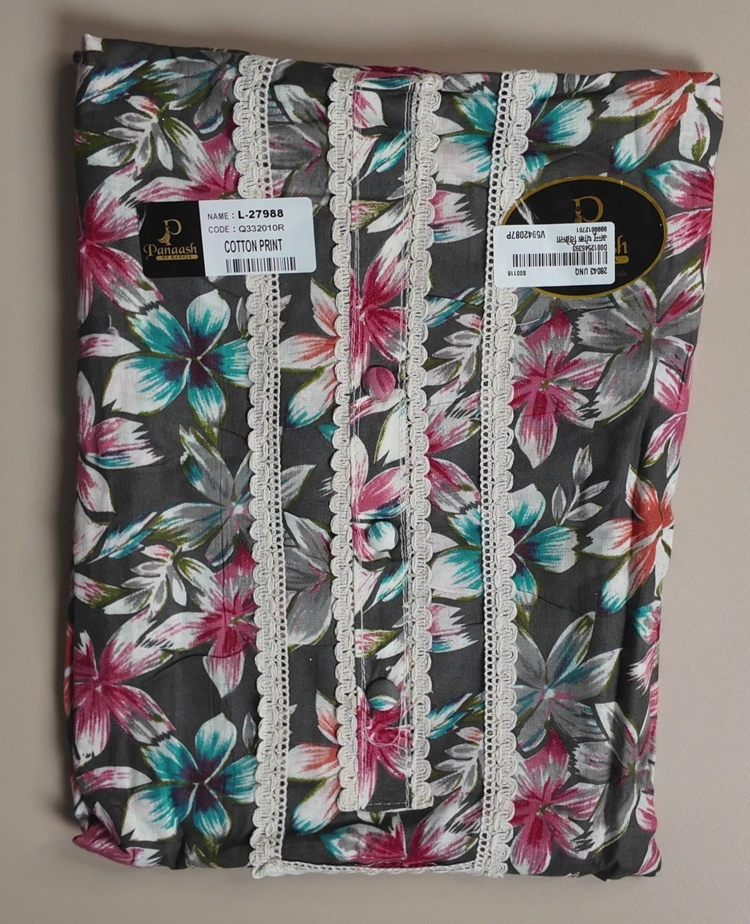 Floral Elegance Cotton Kurta Set - Dark gray - Picture 1