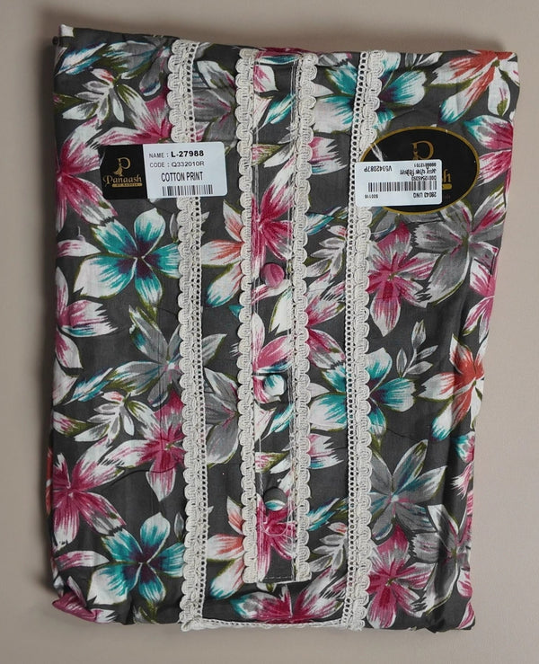 Floral Elegance Cotton Kurta Set - Dark gray - Picture 1