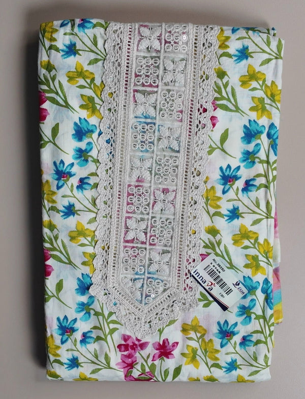 Vibrant Floral & Lace Kurta Fabric Set - White - Picture 1