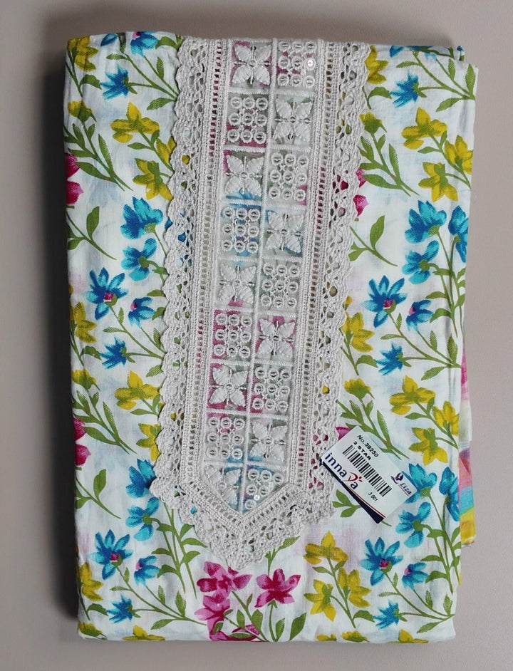 Vibrant Floral & Lace Kurta Fabric Set - White - Picture 1