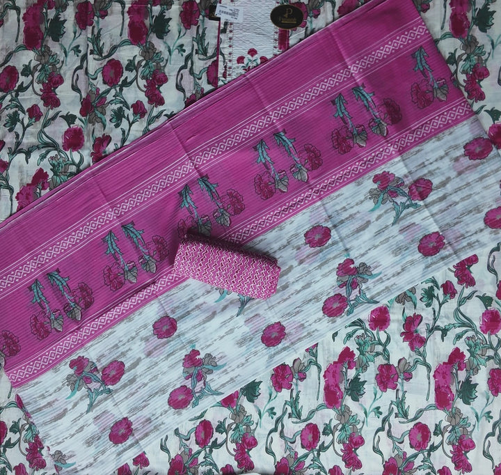 Elegant Pink Floral Printed Cotton Suit Set - White - Picture 5