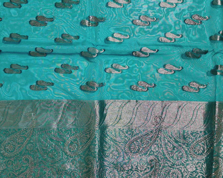 Teal Elegance: Paisley Silk Saree with Silver Weave - Teal - Picture 3