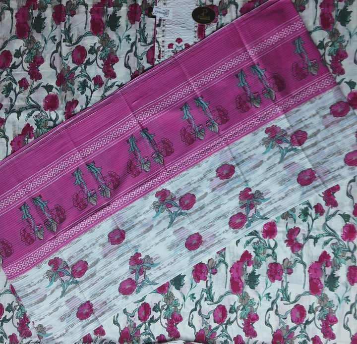 Elegant Pink Floral Printed Cotton Suit Set - White - Picture 4