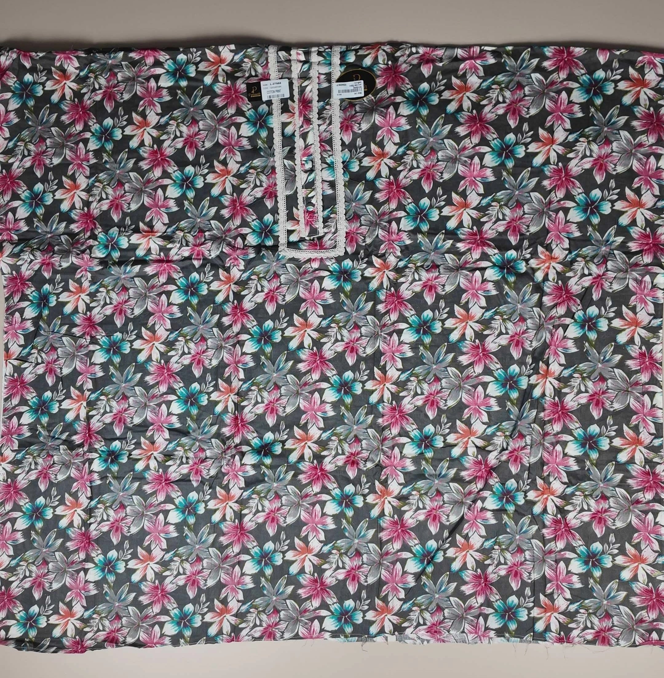 Floral Elegance Cotton Kurta Set - Dark gray - Picture 4