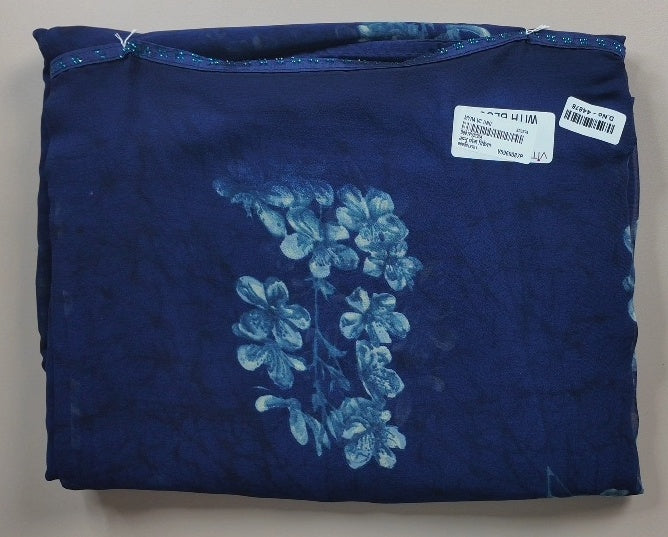 Elegant Navy Blue Floral Chiffon Saree - White (1) - Picture 4