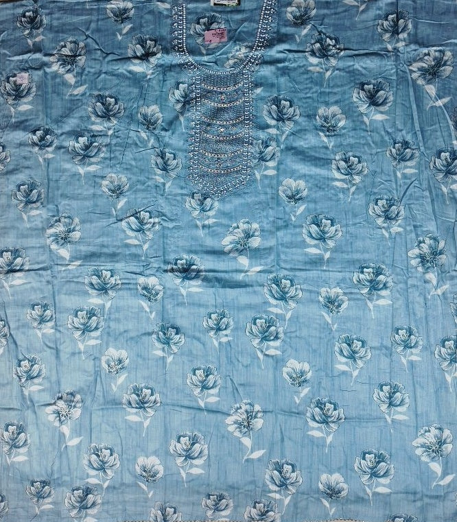 Elegant Blue Floral Cotton Kurti Set - Light Blue - Picture 3