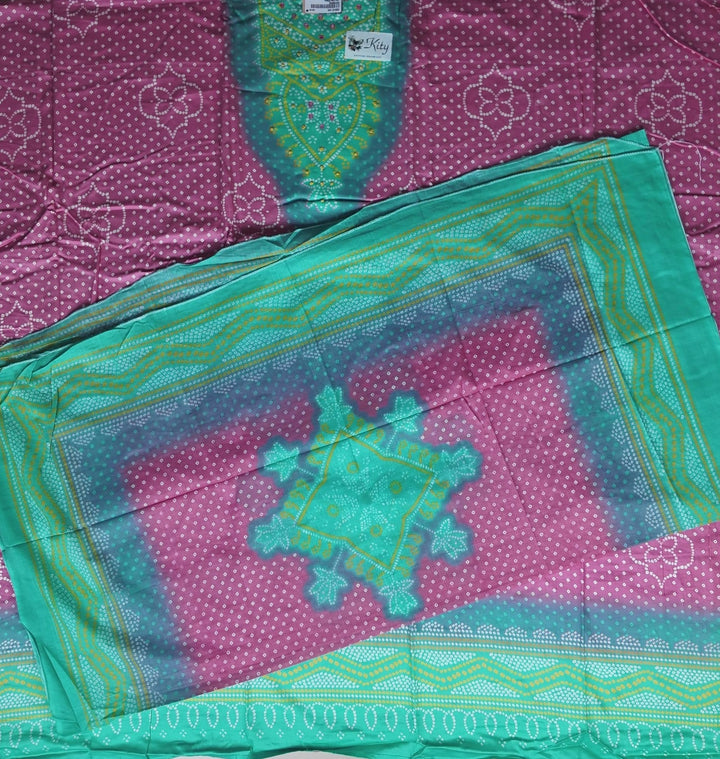 Vibrant Teal & Magenta Bandhani Unstitched Suit - Teal - Picture 5