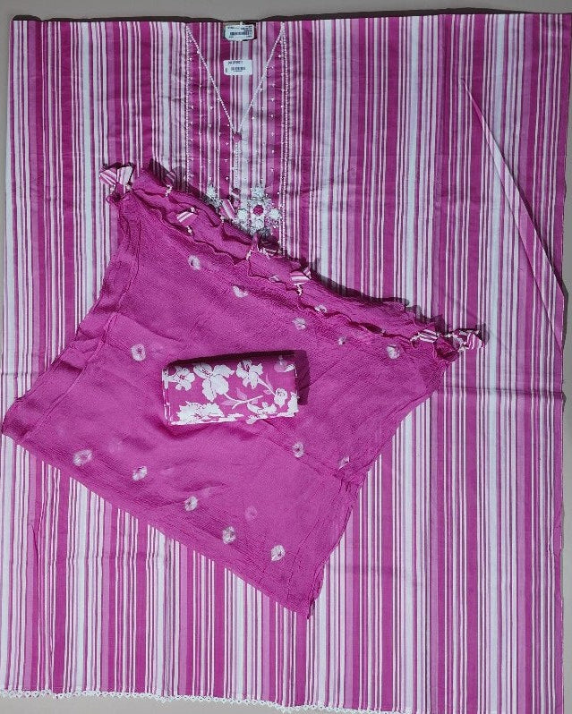 Vibrant Pink Striped Floral Embroidered Suit - Pink - Picture 4