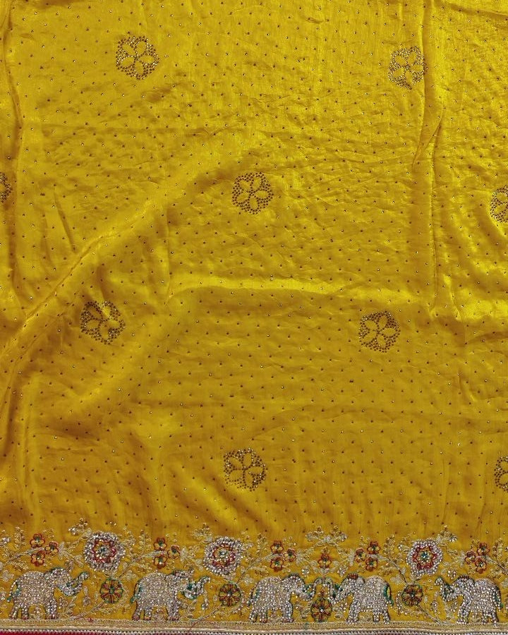 Vibrant Yellow Elephant Embroidered Dupatta - Yellow - Picture 2