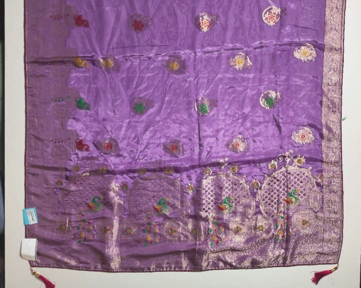 Royal Purple Banarasi Silk Saree with Peacock Motifs - Purple - Picture 3