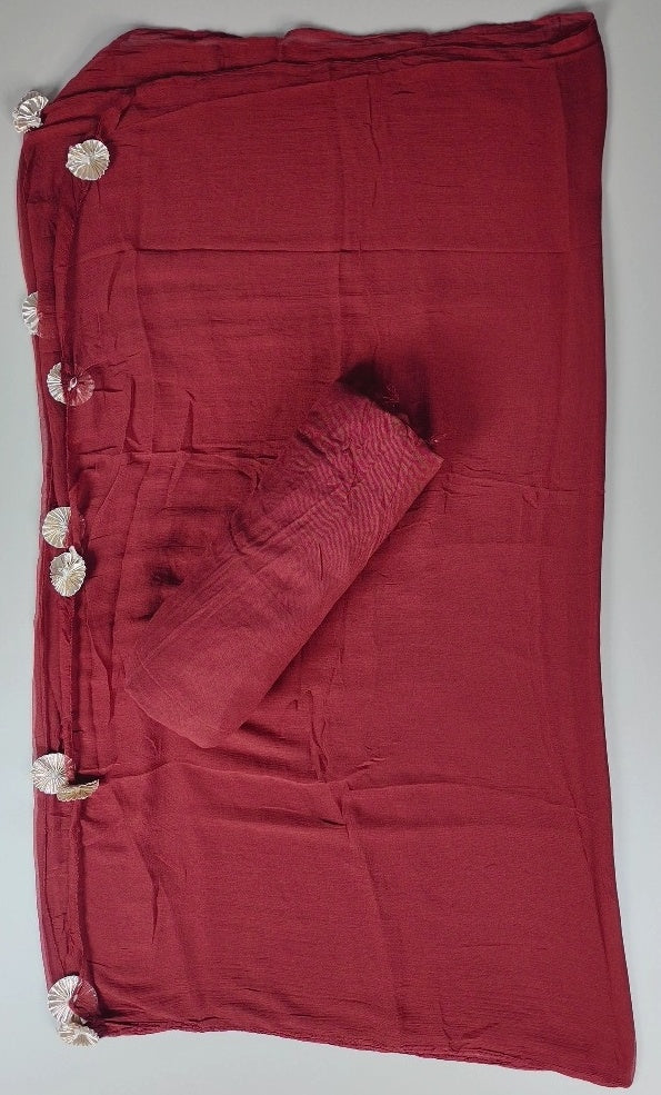 Elegant Maroon Leaf Pattern Cotton Saree - Maroon - Picture 3