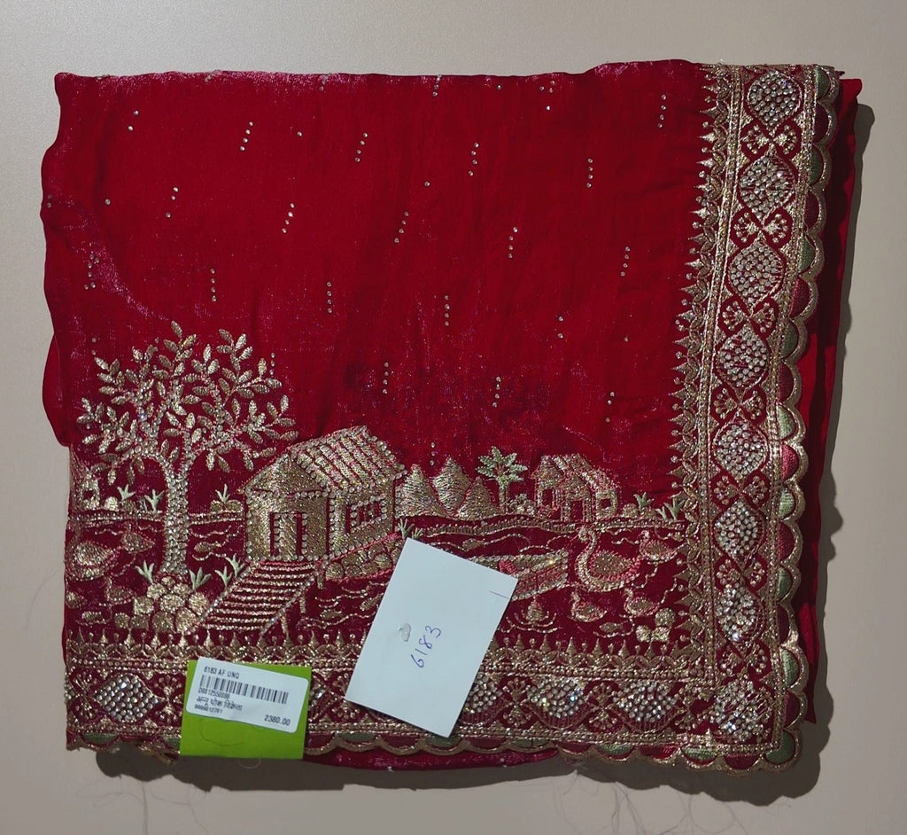 Elegant Red Velvet Saree with Gold Embroidery - Red - Picture 1