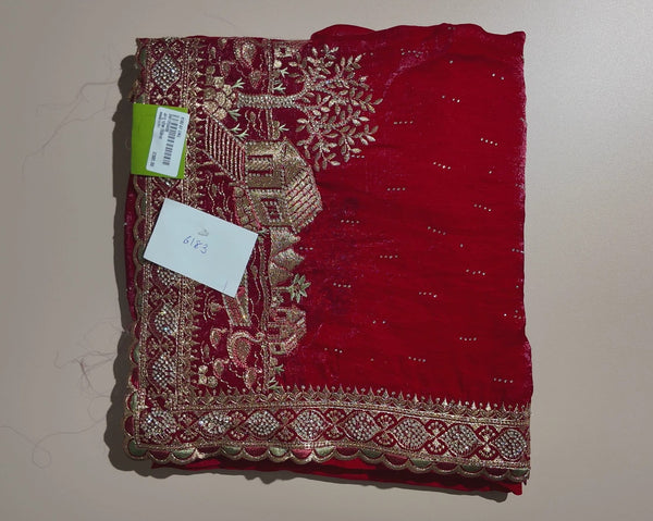Elegant Red Velvet Saree with Gold Embroidery - Red - Picture 1