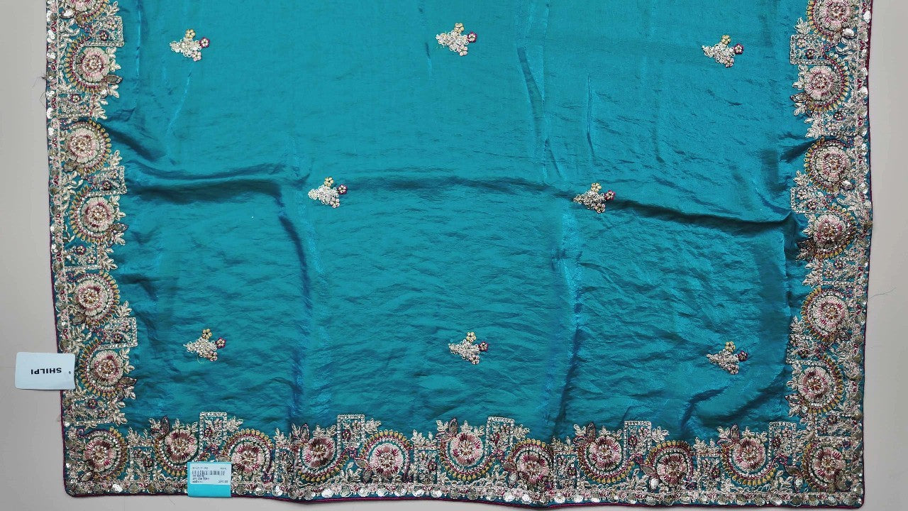 Teal Embroidered Silk Saree with Floral Borders - Teal - Picture 3