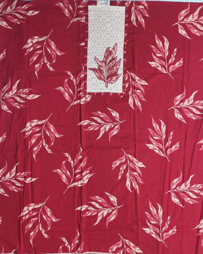 Elegant Maroon Leaf Print Cotton Suit Set - Red - Picture 4