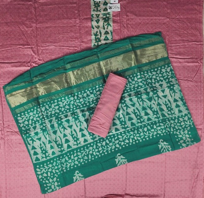 Elegant Pink and Green Block Print Cotton Saree - Pink - Picture 6