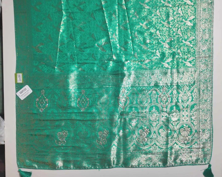 Emerald Green Banarasi Brocade Silk Saree - Teal - Picture 3