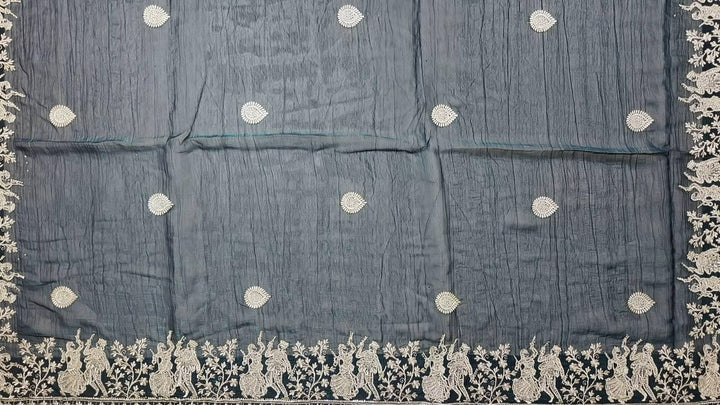 Elegant Teal Embroidered Saree with Zari Border - Dark teal - Picture 2