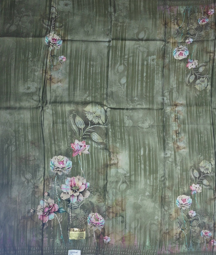 Elegant Floral Green Digital Print Suit - Olive green - Picture 4