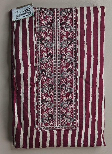 Elegant Maroon Striped Kurta Set with Embroidery - Maroon - Picture 1