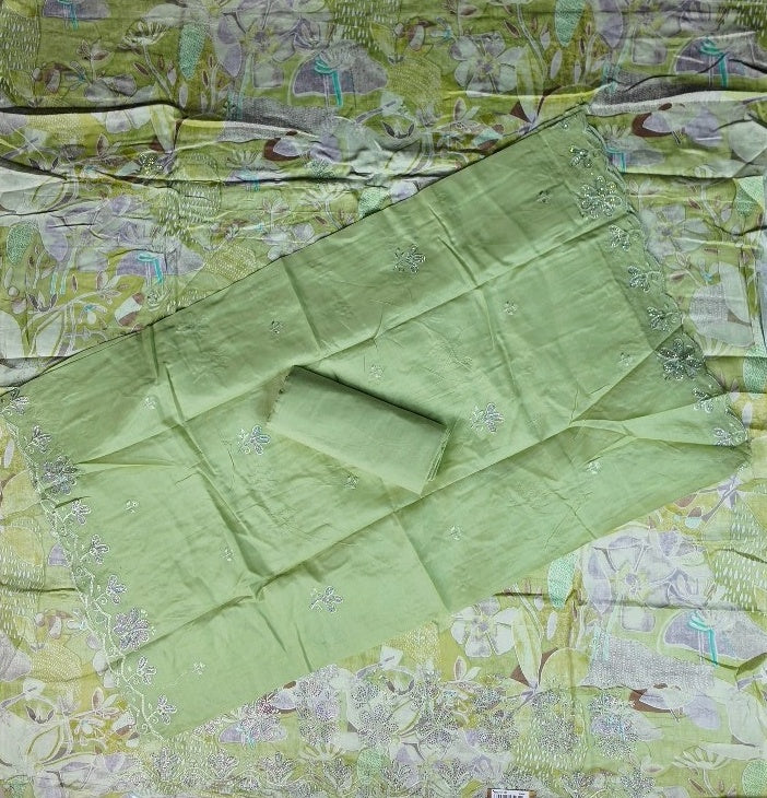 Elegant Lime Green Floral Chiffon Saree - Lime Green - Picture 5