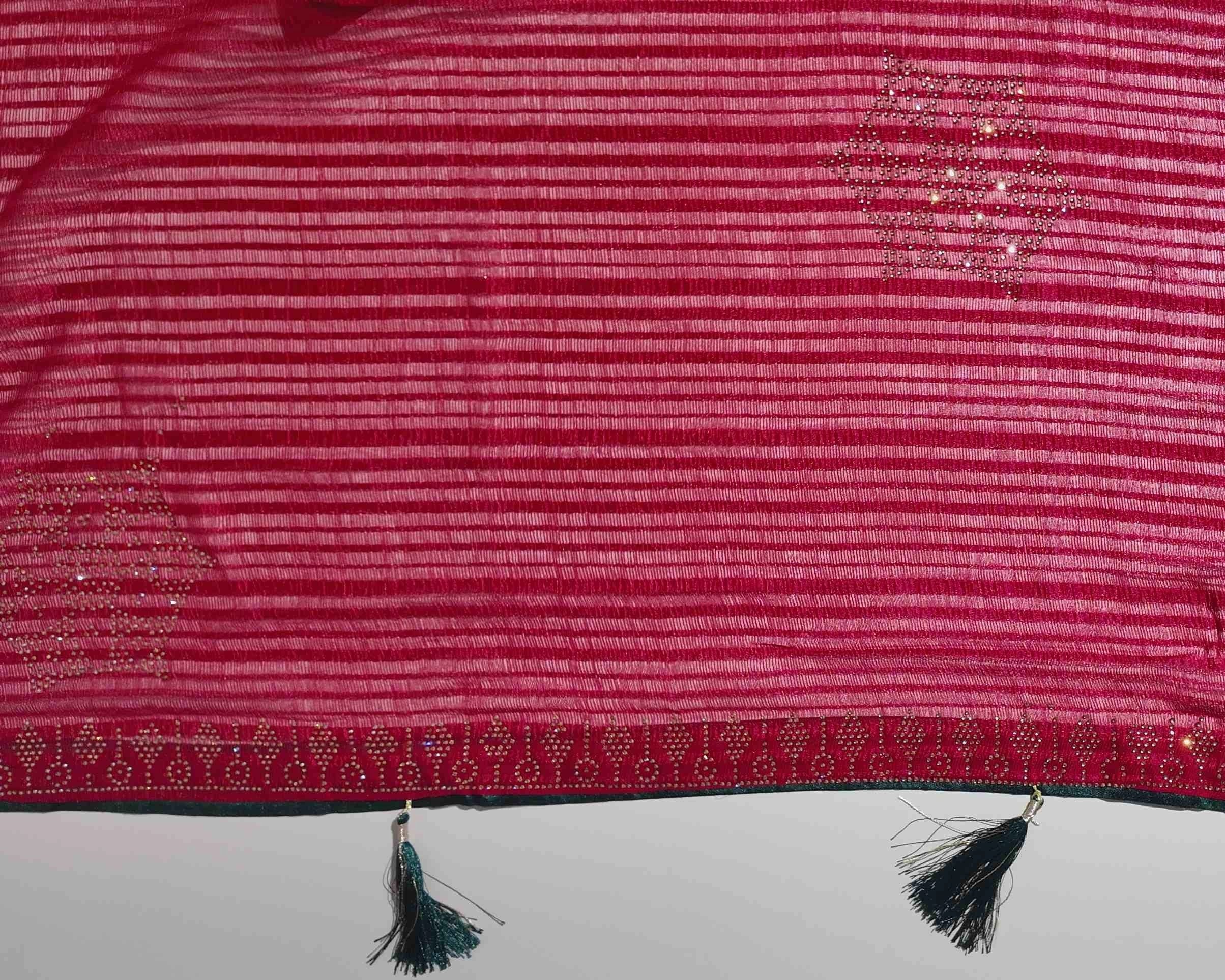Elegant Magenta Striped Silk Saree with Tassels - Red (1) - Picture 1