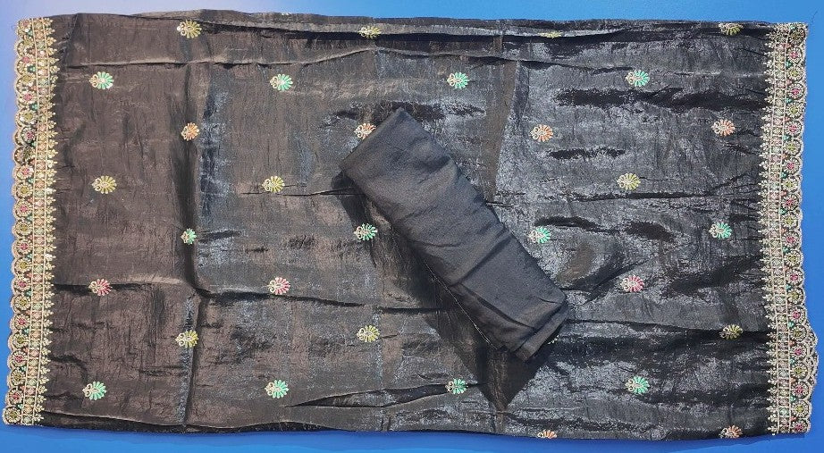 Elegant Black Silk Saree with Multicolor Embroidery - Black - Picture 1