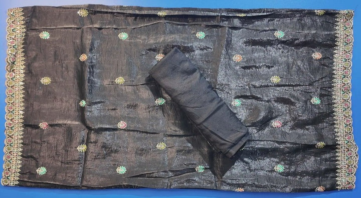Elegant Black Silk Saree with Multicolor Embroidery - Black - Picture 2