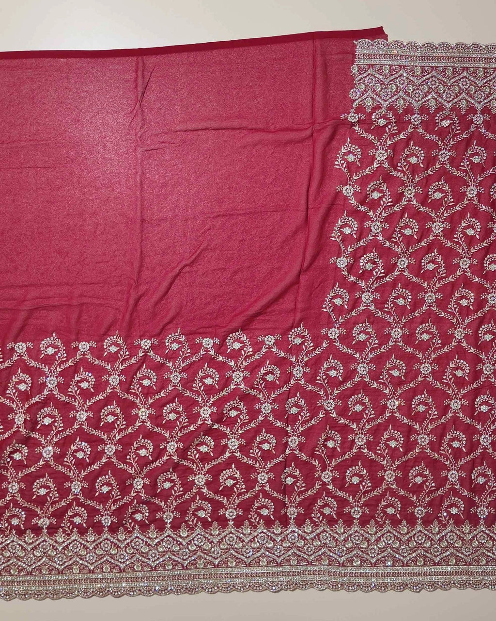 Crimson Elegance: Embroidered Silk Saree - Red - Picture 4
