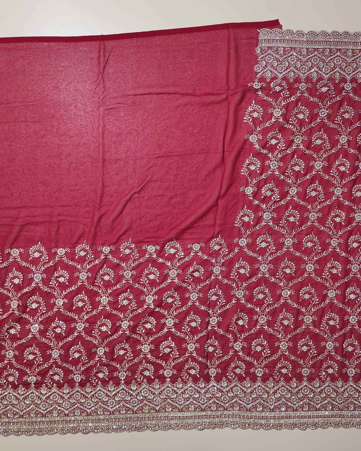 Crimson Elegance: Embroidered Silk Saree - Red - Picture 4