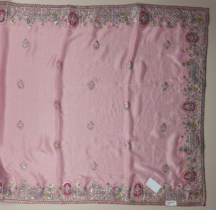 Blush Pink Embroidered Chiffon Saree - Pink - Picture 2