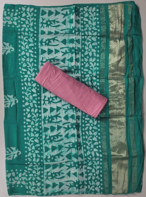 Elegant Pink and Green Block Print Cotton Saree - Pink - Picture 2