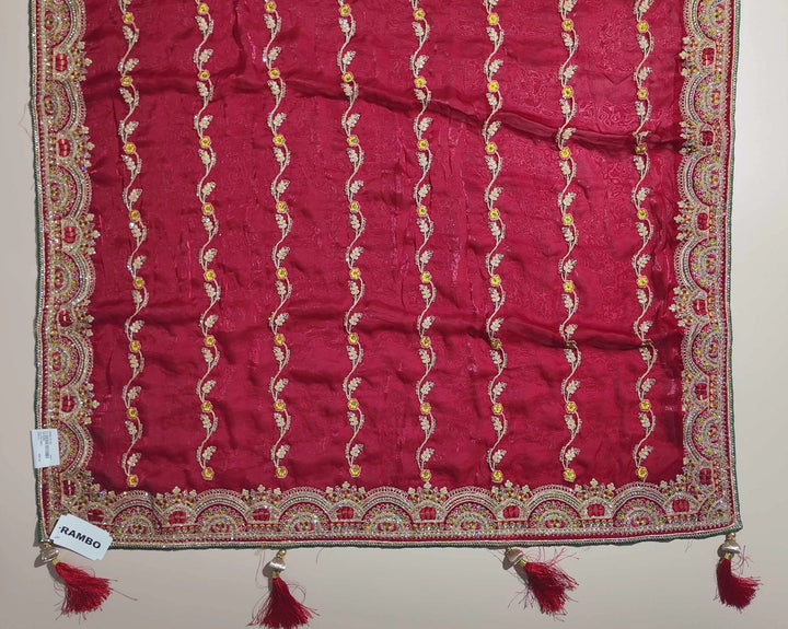 Elegant Maroon Embroidered Silk Dupatta - Red (1) - Picture 3