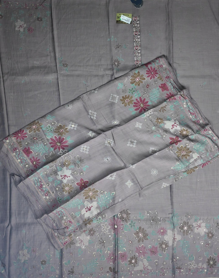Elegant Grey Floral Embroidered Chanderi Suit - Gray - Picture 4